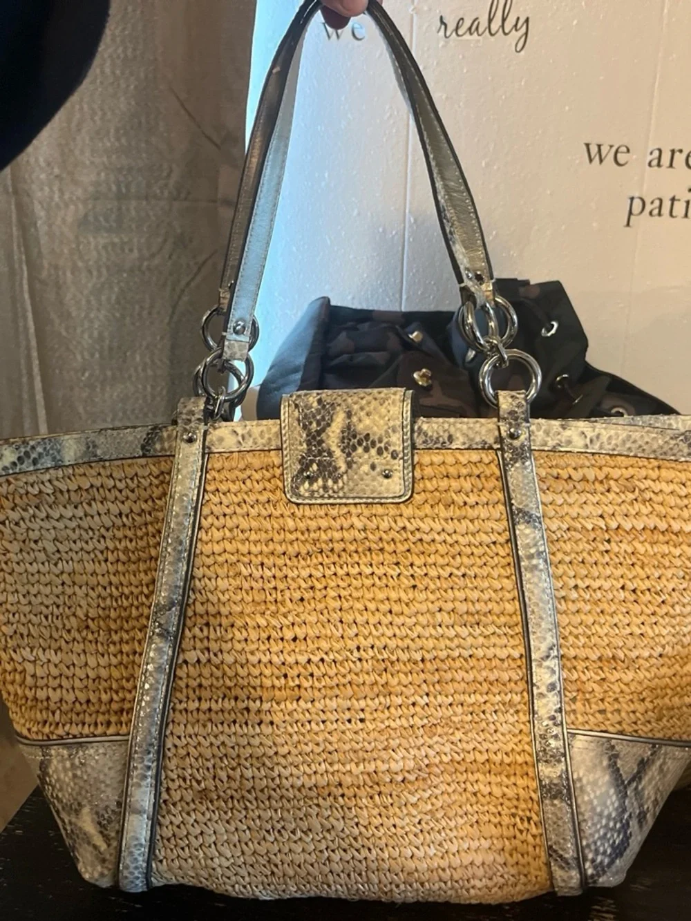 Coach Woven Straw Tote with Snake-Print Trim - Tan & Cream